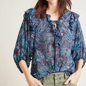 Anthropologie Multicolored Ruffled 3/4 Sleeve Blouse